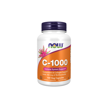 A white bottle of Now Foods Vitamin C-1000 mg with an orange label, containing 100 vegetarian capsules plus 100 mg citrus bioflavonoids for immune support.